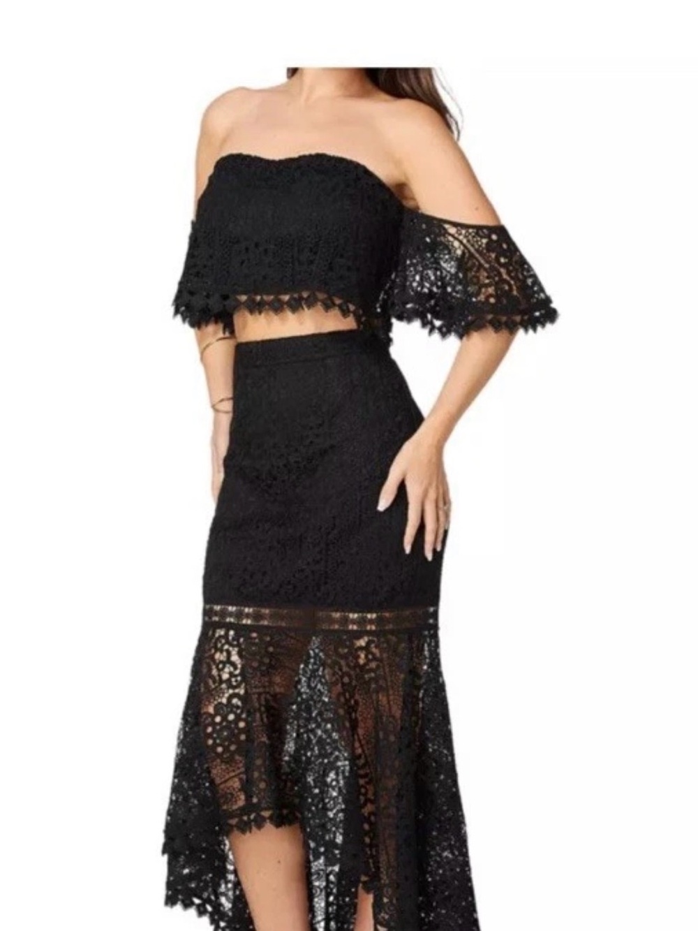 bebe Black Lace High-Low Crochet Skirt